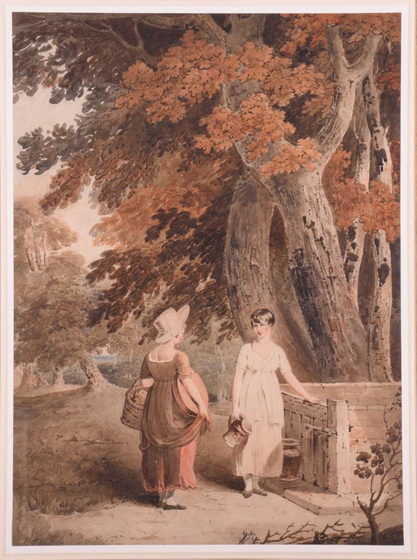 Attributed to Joshua Cristall (1767-1847), ladies in conversation by a well, unsigned, pencil and - Image 2 of 6