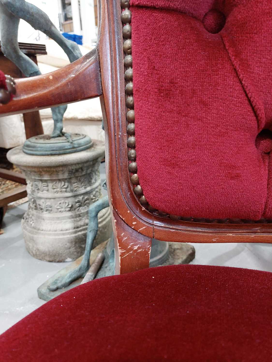 A Victorian walnut framed double chair backed settee with carved and moulded outline with crimson - Image 11 of 16