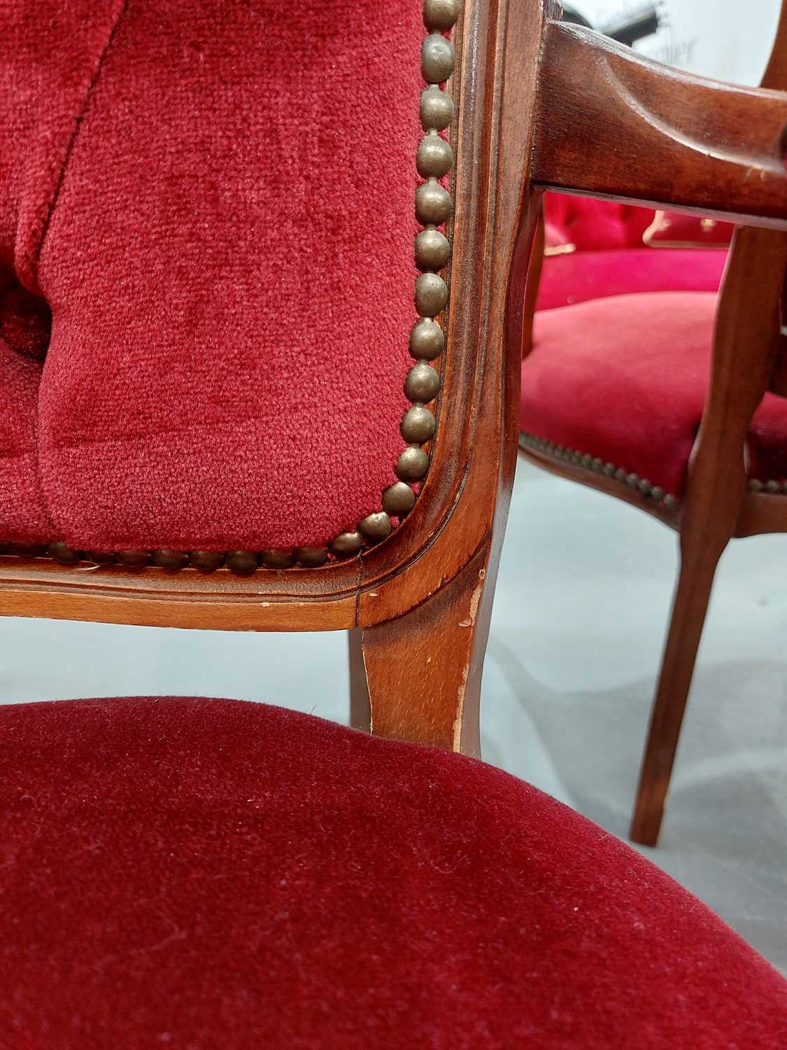 A Victorian walnut framed double chair backed settee with carved and moulded outline with crimson - Image 12 of 16