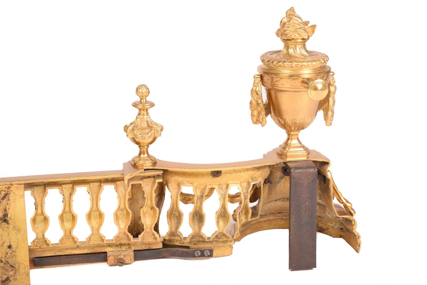A pair of French empire-style gilt bronze chenet and valence each end with flaming urns draped - Image 3 of 7