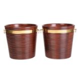 A pair of Regency style brass-bound mahogany peat buckets, of coopered ribbed form, the brass