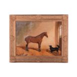 Manner of Charles Edwin Baldock (1876 - 1941), racehorse in a stable with two dogs, unsigned, oil on