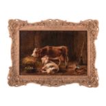 Late 19th Century British School, horned cow and goat in a barn, unsigned, oil on canvas, 29.5 x