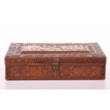 A large finely carved Persian rectangular sandalwood table box, Qajar Dynasty, 19th century, the