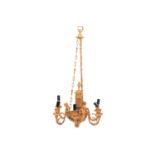 A French ormolu and blue ceramic ceiling lamp, with three figural mermaids supporting six lamp-