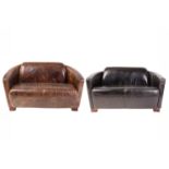 Two similar (of matching design) art deco style sofas, distressed hide two-seat, with stuff over