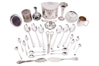 A mixed collection of silver and plate, including a silver christening mug, a silver photograph