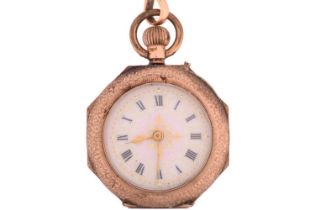 An open-face 9ct pocket watch and 15ct Albert chain, featuring a keyless wound open-face pocket