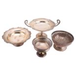 Four silver pedestal dishes; including a tazza by Elkington & Co Ltd, Birmingham 1912, with scrolled