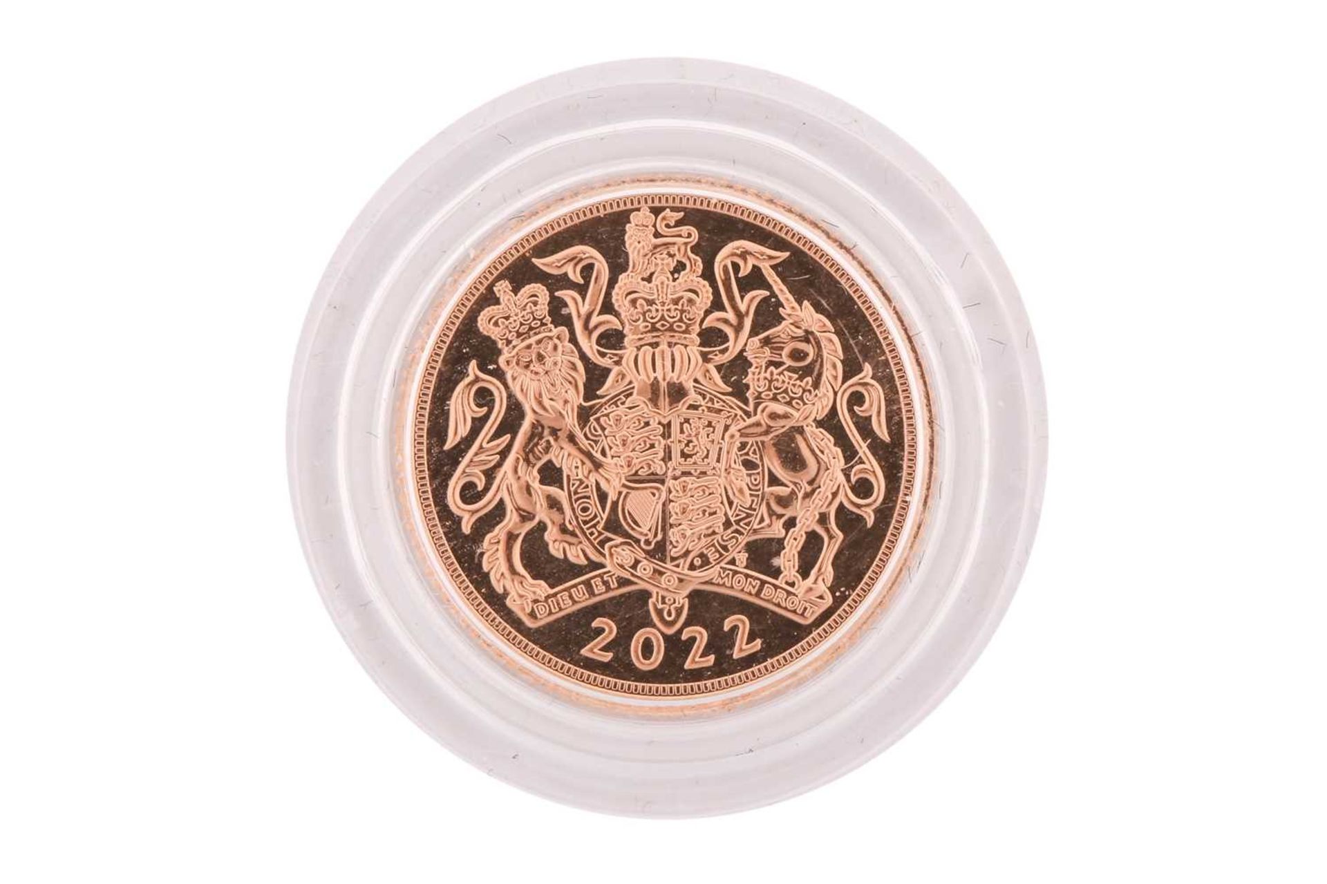 An Elizabeth II 2022 proof sovereign, encapsulated.