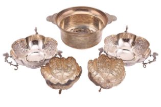 Two pairs of bonbon dishes and a silver caviar dish; to include a pair of silver floral bon bon
