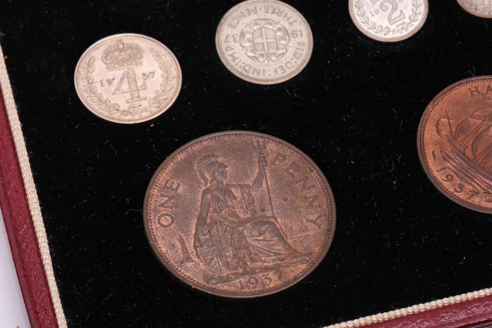 A George VI 1937 specimen fifteen coin set, crown to farthing with four Maundy coins, with - Image 4 of 7