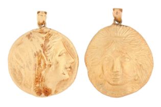 A pair of medallion pendants, of misshapen plaque design, depicting Classical female bust portraits,