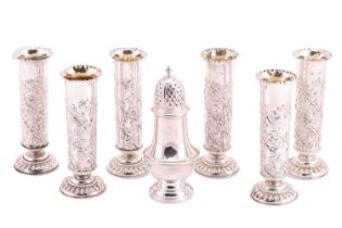 A set of six late Victorian Mappin and Webb, (John Newton Mappin) cylindrical silver spill vases