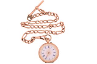 A 14ct gold open-face pocket watch with a 9ct gold Albert chain, featuring a keyless wound