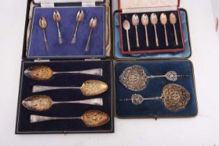 Four cased sets of spoons comprising a set of six Mappin and Webb "British Hallmarks" coffee spoons,