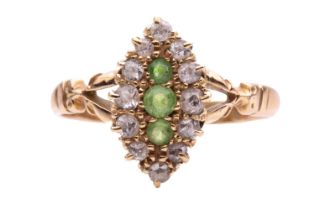 A Victorian demantoid garnet and diamond ring, the marquise shape cluster set with demantoid garnets