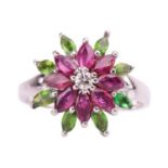 A gem-set floral spray ring, tiered with eight marquise-cut chrome diopsides and eight marquise