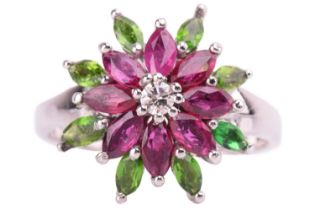 A gem-set floral spray ring, tiered with eight marquise-cut chrome diopsides and eight marquise