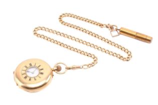 An 18ct pocket half hunter pocket watch and an 18ct Albert chain with a pencil case. Featuring a