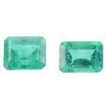 Two loose emeralds; the larger with a weight of 1.55ct, measuring 7.3 x 6.6 x 4.7mm, the smaller