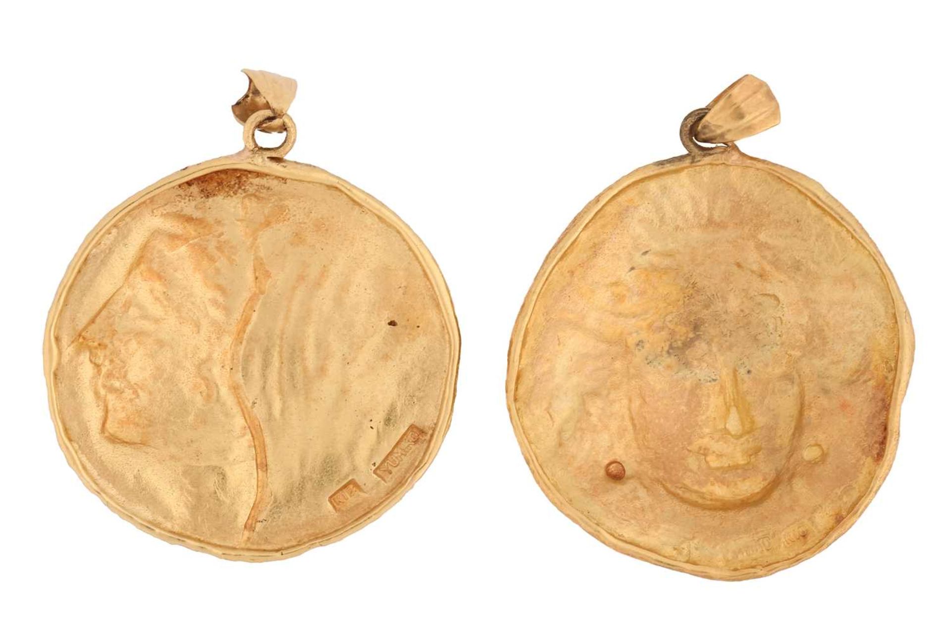 A pair of medallion pendants, of misshapen plaque design, depicting Classical female bust portraits, - Image 2 of 4
