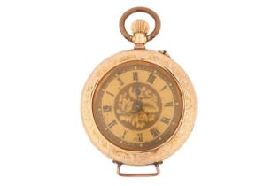 A 14kt gold open-face fob lapel pocket watch, featuring a keyless wound movement in a yellow metal
