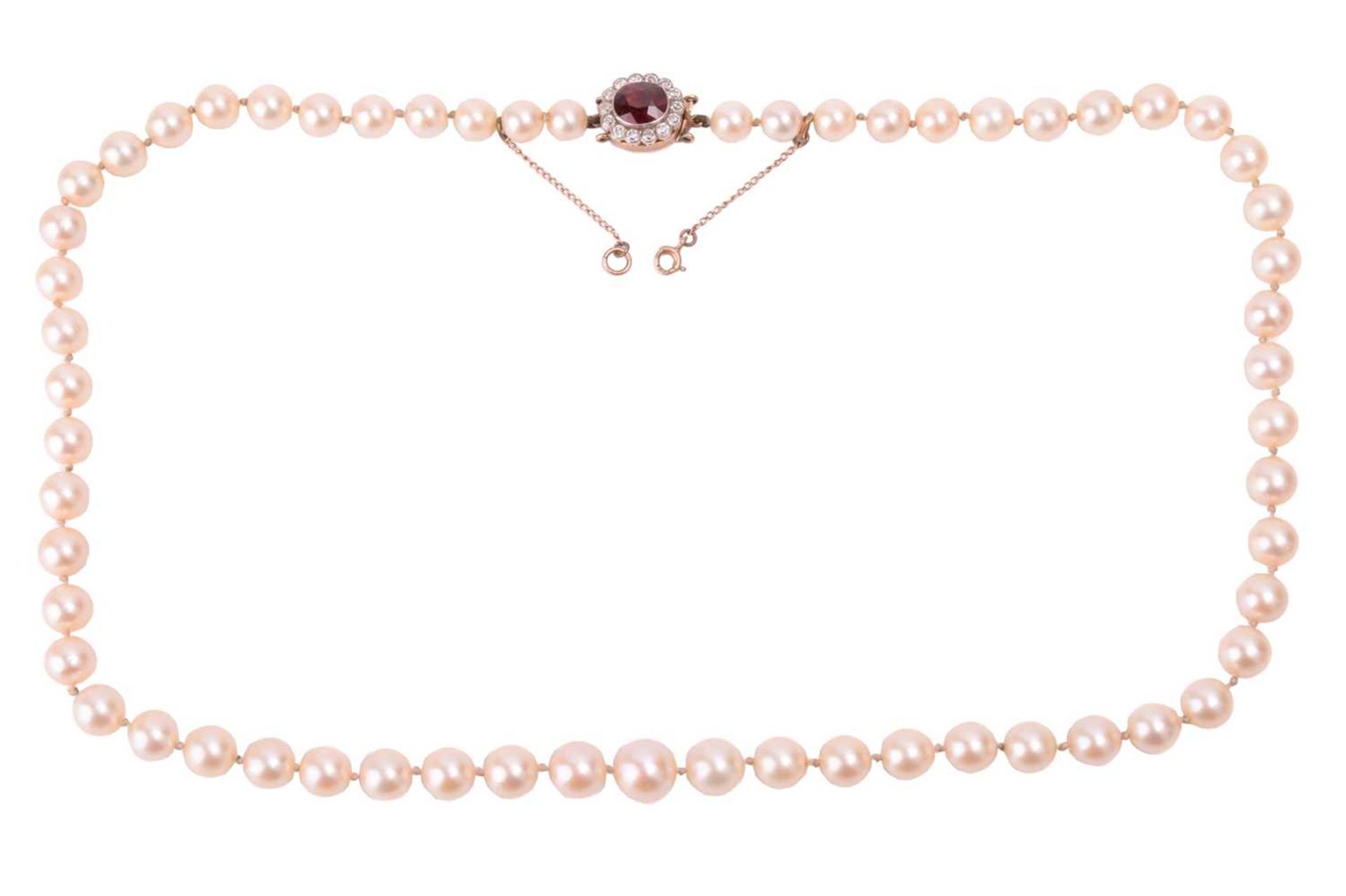 A single row graduated cultured pearl necklace with a spinel and diamond cluster clasp, the pearls
