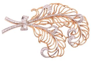 A diamond feather brooch, designed as a plume of feathers tied with a bow, the ribbon, shaft and