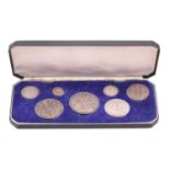 An 1887 Queen Victoria Jubilee specimen seven coin set, from Crown to threepence, in fitted case.