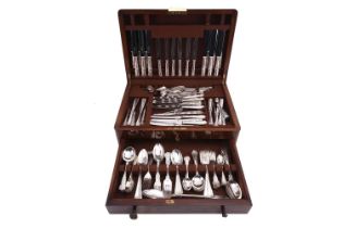 A mixed canteen of Art Deco silver plated flatware, mostly Kings pattern, in an fitted walnut