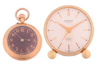 An open-face pocket 18kt fob watch and Looping travel clock, featuring a keyless wound 18kt