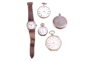 Four-pocket watches and a trench watch, comprised of an open-face fusse movement pocket watch signed