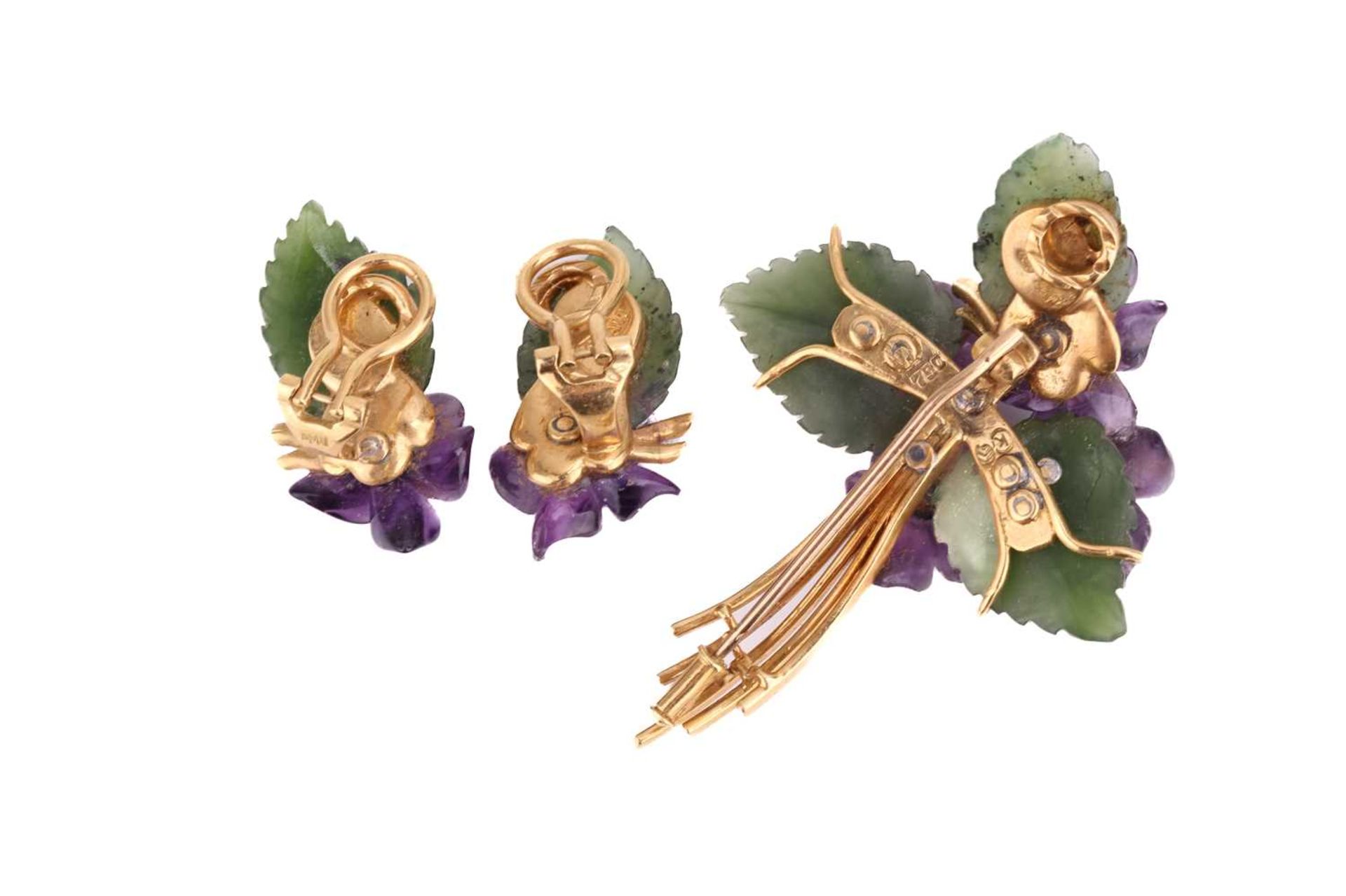 A suite of carved nephrite and amethyst brooch and earrings designed as floral sprays; the brooch - Image 2 of 3