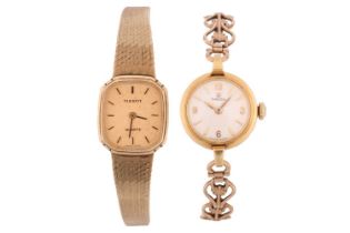 A lady's Omega 9ct gold dress watch and a Tissot 9ct gold dress watch. It features a manual wind