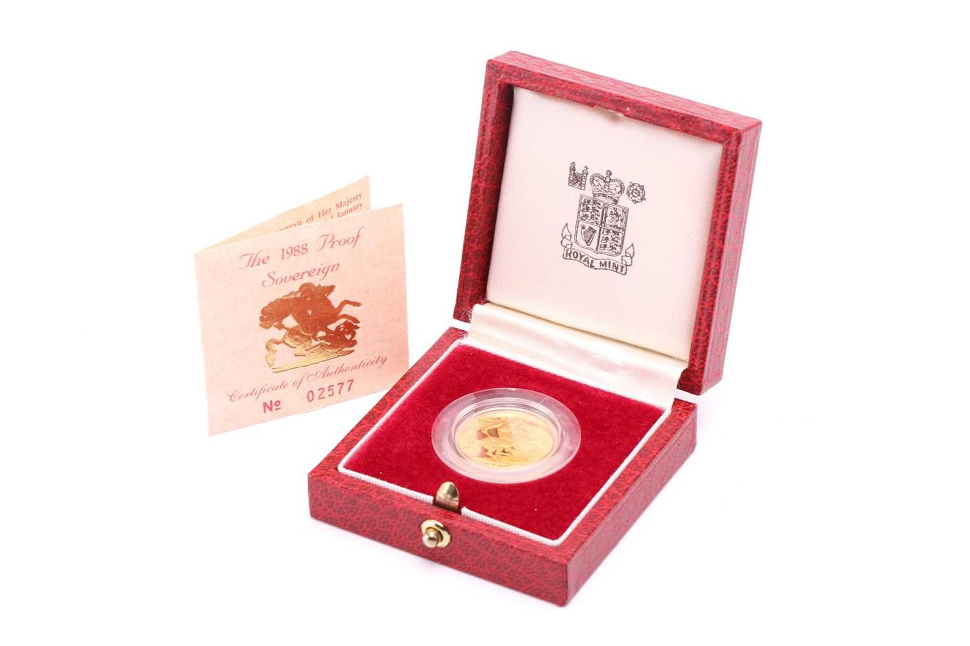 An Elizabeth II 1988 proof sovereign, encapsulated, in fitted case, number 02577 from an edition