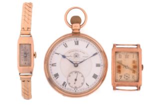 An open-face pocket watch and 1936 wristlet and ladies dress watch, featuring a Thos Russel & Sons