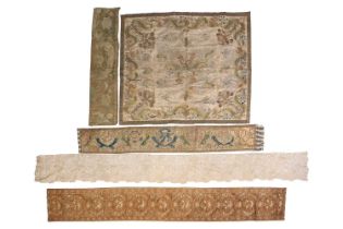 A group of silk worked panels including a possibly century silk altar cloth/wall hanging with floral