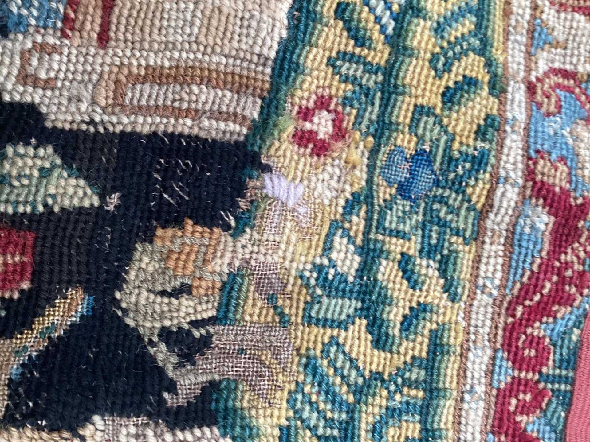 A needlework runner, possibly 18th century and later, the scene in petite and gross point, 120 cm - Image 9 of 11