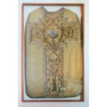 A Continental priest's chasuble in thick fabric with silvered metal embroidered ornament, 110 cm x