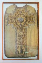 A Continental priest's chasuble in thick fabric with silvered metal embroidered ornament, 110 cm x