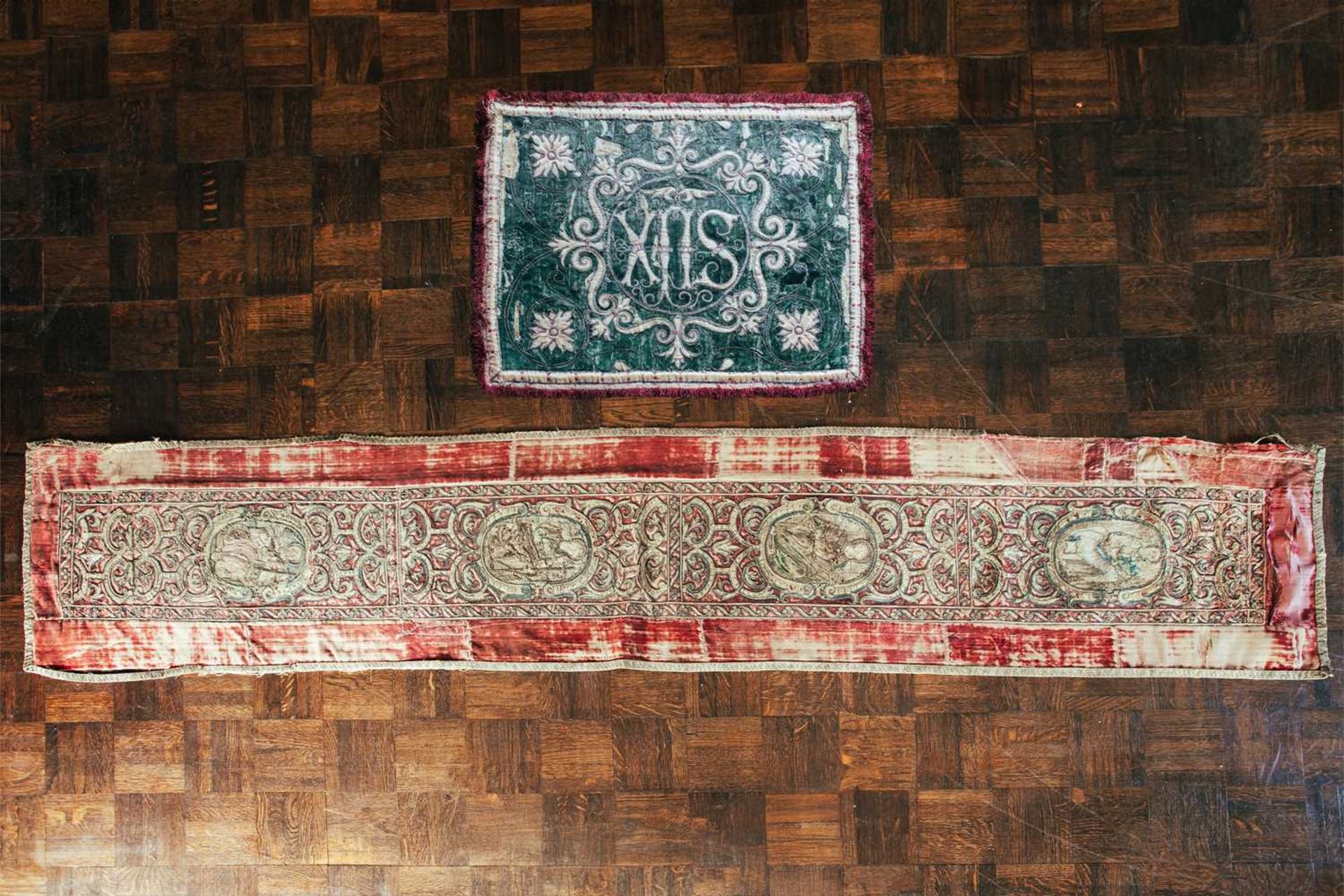 A pair of silk and velvet embroidered altar cloths, probably 18th century, 55 cm x 41 cm, together - Image 2 of 5