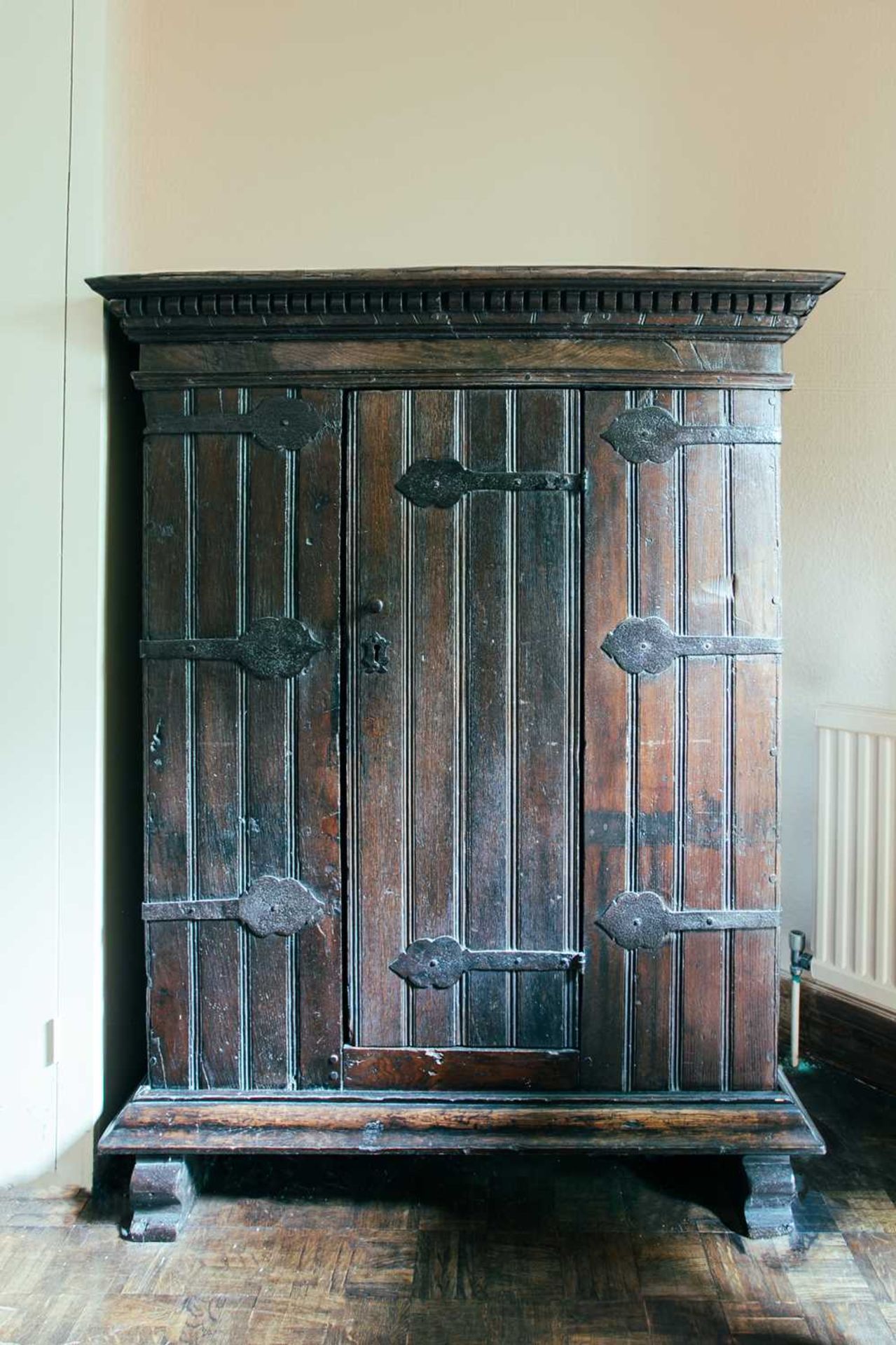 A French oak panel-constructed vestment cupboard cabinet, 19th centry, utilising period timber