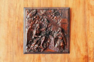 16th century Italian School, depiction of the Annunciation, carved softwood square panel, 29 cm x 29