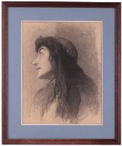 Frank Dobbs (1873-1906), sketch of a woman with her face half turned, charcoal on paper, sticker