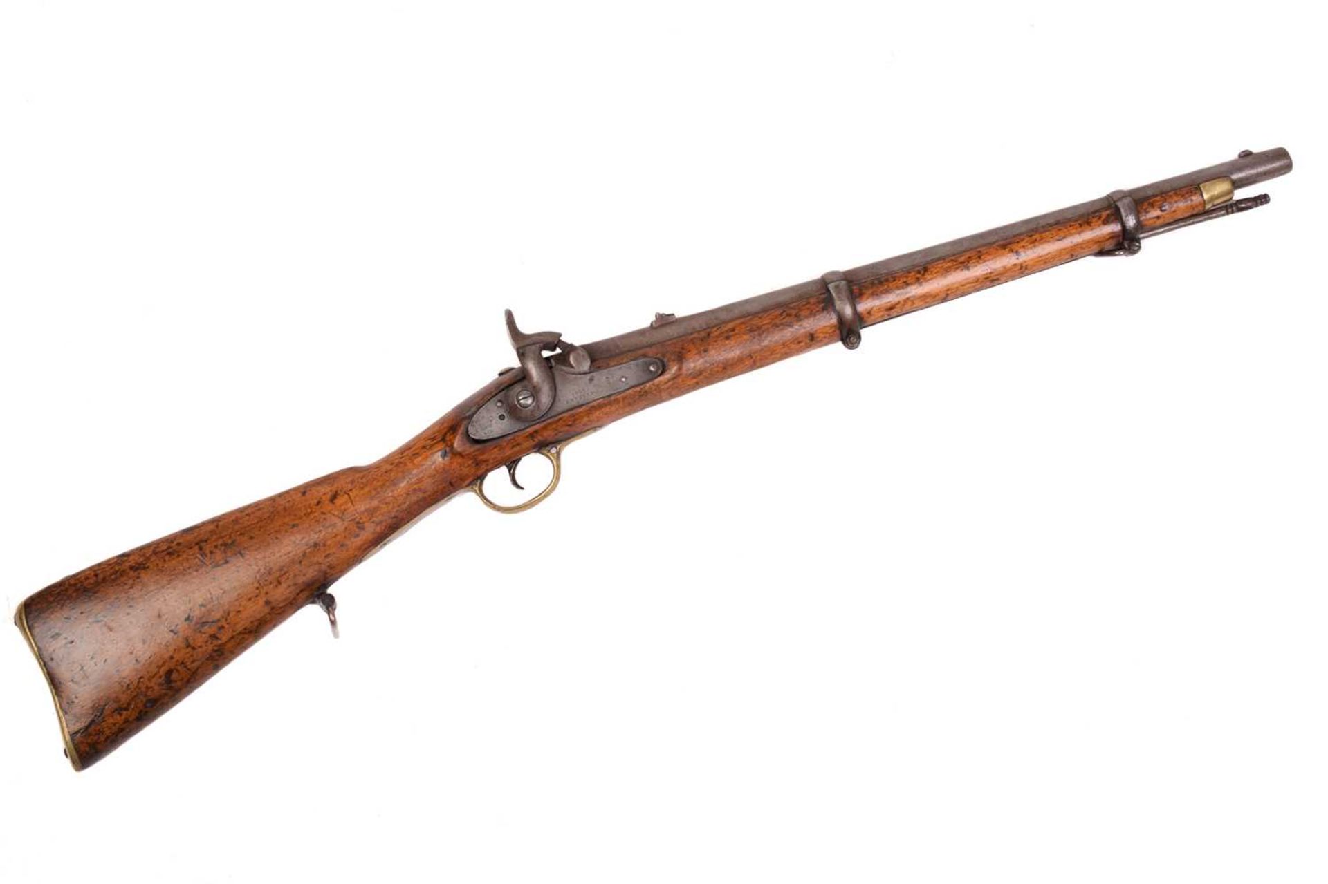 A Victorian Enfield 1856 Indian pattern percussion carbine, the lock dated1862 and bearing crown