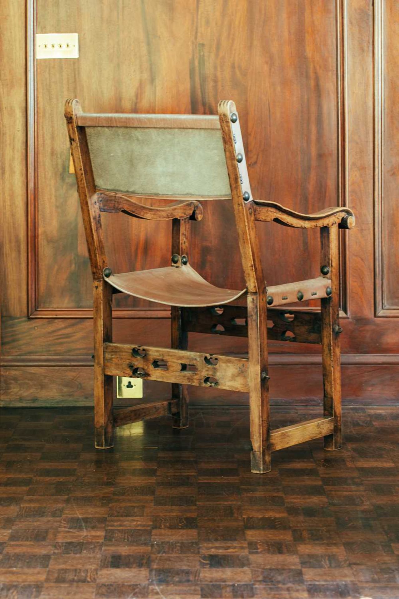 A 17th-century style leather slung open armchair, with pierced and carved front seat rail, 106 cm - Image 2 of 7