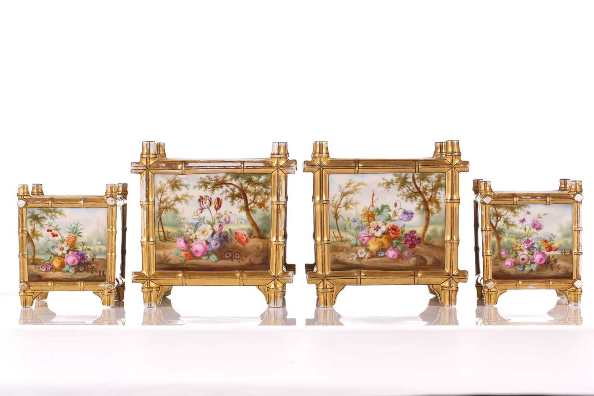 A pair of French painted porcelain square cache pots and stands, together with a pair of larger - Image 7 of 14