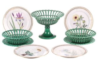 A group of Wedgwood green majolica basket weave items, 1895 date code, comprising a pair of