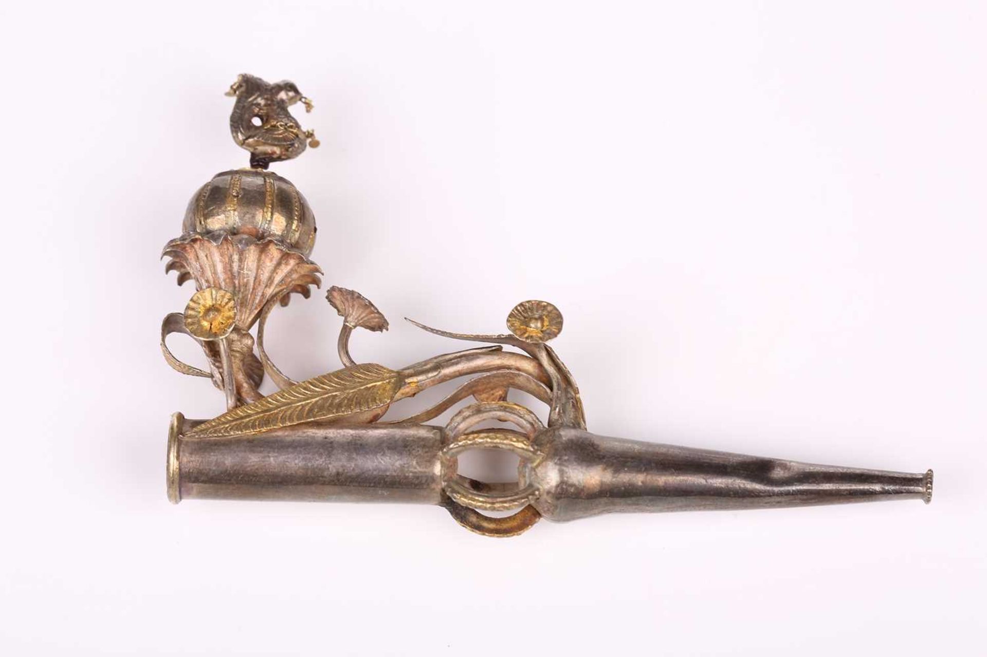 An Indo-Persian white metal opium pipe moth pipe with opium poppy and bird finial and scrolls, 11. - Image 4 of 6